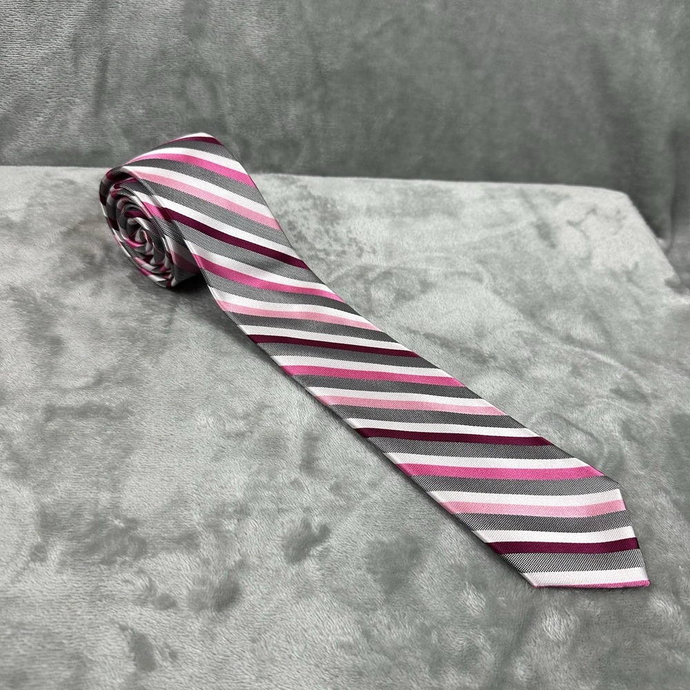 Express 100% Silk Neck Tie 2.5" x 60" Pink Gray Black White Stripe